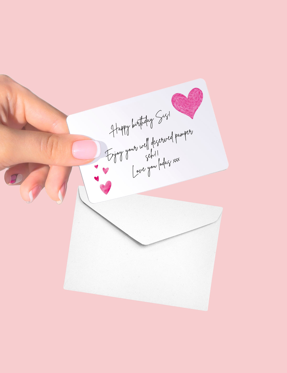 A hand-written Lengbox gift note card, written by hand and added to Korean skincare gift orders for £0.99