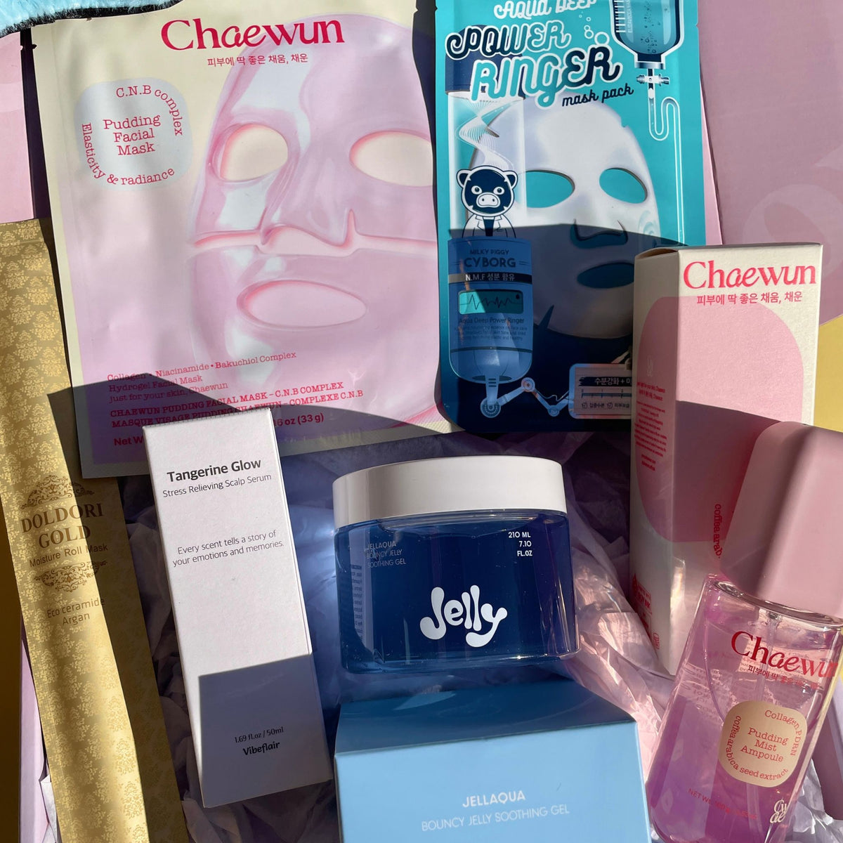 Lengbox October K-beauty box with Chaewun Collagen PDRN Pudding Mist Ampoule and JELLAQUA Bouncy Jelly Soothing Gel
